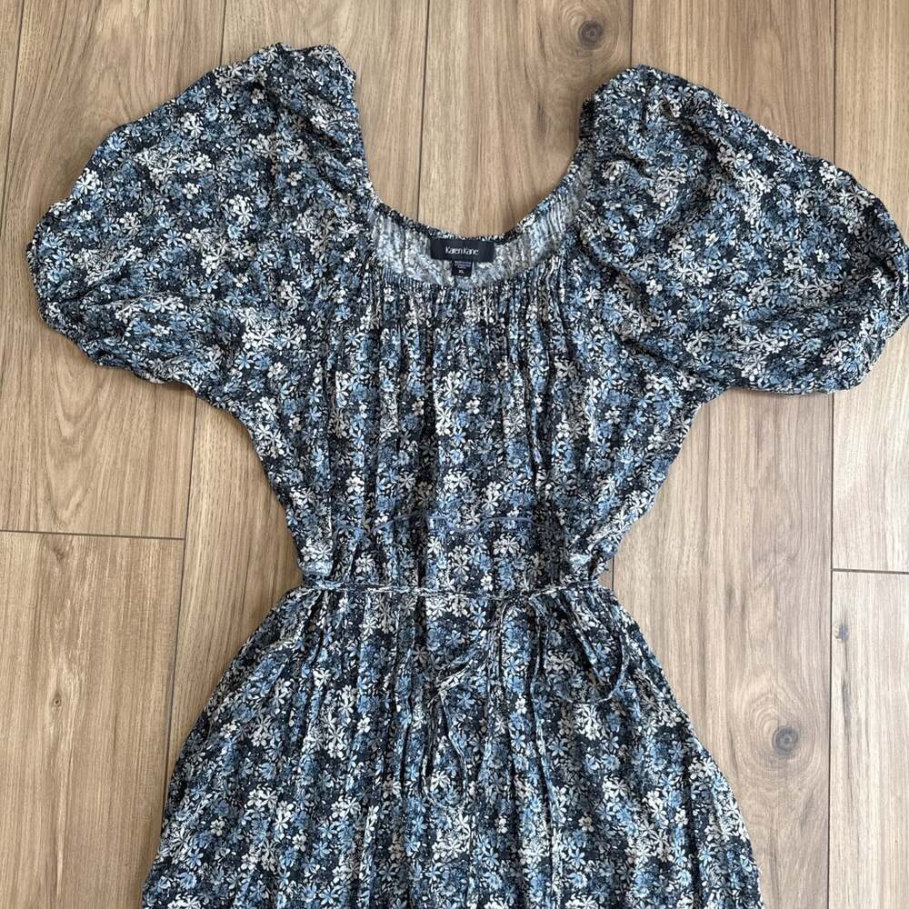 KAREN KANE Womens Size XL Blue Floral Puff Sleeve Scoop Neck Tiered Maxi Dress - Picture 2 of 8